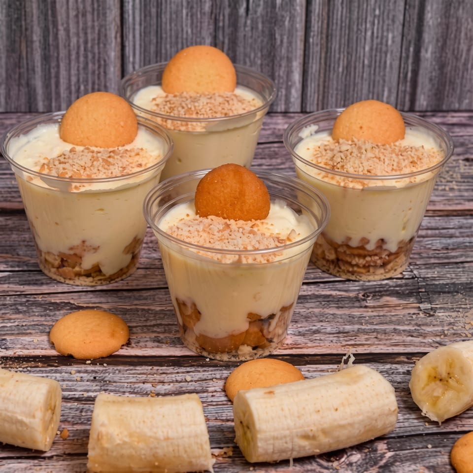 Five clear cups of creamy layered dessert topped with crumbs and round pastries on a rustic wooden table.